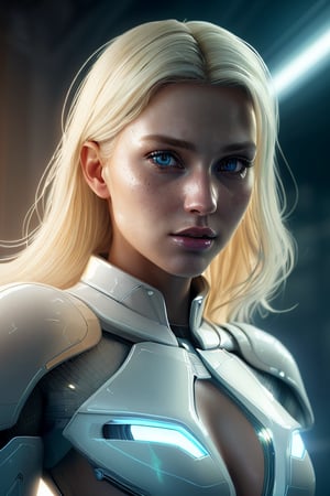 A gorgeous, angelically beautiful blonde woman from the future, dressed in a futuristic white bodysuit with small translucent panels and subtle technology, photorealistic portrait, medium length hair with undercut, crystal clear light blue eyes, confident powerful stance, intricate neon blue cybernetic accents, glowing radiant skin, cinematic backlighting, highly detailed, digital painting in the photorealistic style of Denis Loebner,perfecteyes