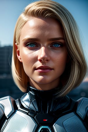 A gorgeous, angelically beautiful blonde woman from the future, dressed in a futuristic white bodysuit with small translucent panels and subtle technology, photorealistic portrait, medium length hair with undercut, crystal clear light blue eyes, confident powerful stance, intricate neon blue cybernetic accents, glowing radiant skin, cinematic backlighting, highly detailed, digital painting in the photorealistic style of Denis Loebner,perfecteyes