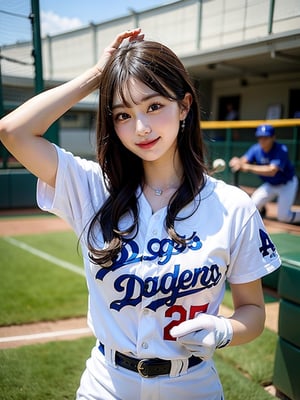 men play baseball, LA Dodgers, unicorn, homerun, white blue uniform,glove,bat,ball