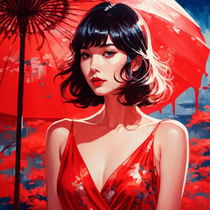 Surrealist art anime portrait of nanno as a beautiful woman, medium long bob, straight bangs, wearing red ornate dress, ilya kuvshinov, anime, pixiv top monthly, trending on artstation, cinematic, danbooru, zerochan art, kyoto animation
. Dreamlike, mysterious, provocative, symbolic, intricate, detailed,dripping paint