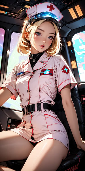 20 years old japanese female space fighter pilot in spacecraft cockpit in mega-detail suit, she grabbed the pilot stick control, sat down, and rejoined the sophisticated hyper control panel with a dial, Buttons and levers, Cyberpunk Visor, High-tech graphics throughout the outfit, Best quality at best, ​masterpiece, sexy poses, perfect body figure nijistyle,nijistyle, white and pink outfit, blonde straight hair, nurse, thigh right position