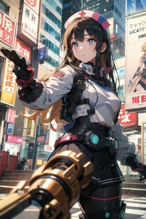 anime, nurse, 1girl, blonde, long hair, short skirt, detail face, beautiful eyes, detailed eyes, masterpieces, high_resolution,neon palette,mecha musume, white skin, white clothes, real shadow, perfect face, cyberpunk hands, rockman hands, best quality, hyper detail, official art,extremely detailed CG unity 8k wallpaper, ph_katou