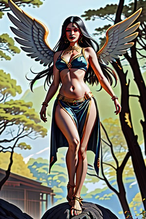 standing on a boulder, surrounded by trees, beautiful woman, large angel wings, green-eyes, long white hair, athletic built, wearing dark blue and gold ninja outfit,belly_dancer