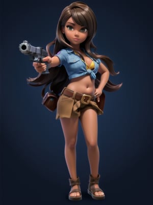 ((full body):1.5), full body, cowgirl, has brown hair, has sharp eyes, has brown skin tone, wearing knotted shirt showing belly button, has a revolver in hand, 16k, high quality, high details, UHD, masterpiece, blue background