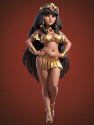 ((full body):1.5), Cleopatra, black long hair with fringe, wearing long egyptian tunic, showing belly button, 16k, high quality, high details, UHD, masterpiece, orange background