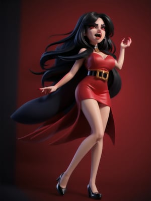 ((full body):1.5), vampire woman, black long hair, red eyes, 
 she has sharp teeth, she has red nails, wearing long red and black dress, heeled shoes, 16k, high quality, high details, UHD, masterpiece, blue background