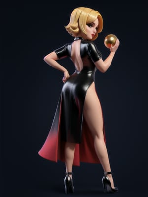 ((full body):1.5), spy agent woman, showing back, wearing long black ball gown, she has short blonde hair, heeled shoes, 16k, high quality, high details, UHD, masterpiece, black background