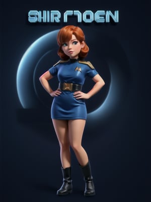 ((full body):1.5), girl, short curvy ginger hair, blue tosunfm dress, startrek short uniform dress, pantyhose, black boots, 16k, high quality, high details, UHD, masterpiece, blue background