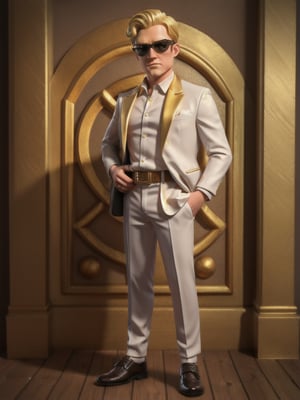 ((full body):1.5), spy agent man, elegant, has blonde hair, wearing elegant white suit with golden details, has a golden pistol in hand, 16k, high quality, high details, UHD, masterpiece, red background