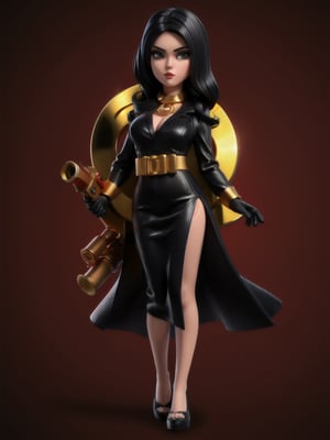 ((full body):1.5), spy agent woman, elegant, has long black hair, wearing long black dress with golden details, showing neckline, has a golden pistol in hand, 16k, high quality, high details, UHD, masterpiece, red background
