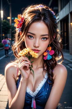 Egirl, slim, Detailedface, detailedbody, 1girl, pink blue tops, (closeup shot:1.5),(((cosplay girls))), (paste color flower hanging on street:1.8), in a shopping street of korea, Street path, Street light, (night mode:1.8),realistic, photography, very detailed fingers and hands, soft light, unreal engine, trending on artstation,(masterpiece:1.6), (High quality:1.4),