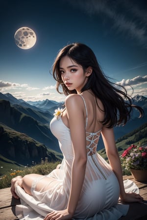 Girl, gorgeous women, wonderful face, sitting and seeing a flower valley of mountain, back pose translucent, revealing dress, Twilight, cosmic skay,auras , moon, dark mode,windy,flowy dress, the images should be very detailed, flawless beautiful pictures, flawless background, realistic, hyper releastic, masterpiece:1.2, High quality:1.2,High detailed 