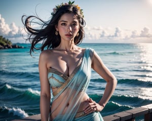 1girl, indian_style, cleavage, slim body, bellybutton, sky blue sheer see-through dress, chiffon fabric, standing , (resting one hand on hip:1.3), princess ornaments, hand accessories of gold and color glass, (background of Caribbean sea shore:1.3) ,(tropical sunny shore :1.2),greenery, sun set background,  girl face the camera, mild wind , (dress floating on wind:1.2), cinematic shot, best quality realistic photography, realistic epic shot, very detailed face hand and body, flawless beautiful, mood setting theme, pastels colours , flower garland hanging.,High detailed ,1girl, roujinzhi,Saree,Detailedface,tibet