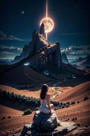 Girl, gorgeous women, wonderful face, sitting and seeing a flower valley of mountain, cherry blossom near the girl, back pose ,translucent dress, revealing dress, Twilight, cosmic skay,auras , moon, dark mode,windy,flowy dress, the images should be very detailed, flawless beautiful pictures, flawless background, realistic, hyper releastic, masterpiece:1.2, High quality:1.2,High detailed,(Sci-fi environment:1.2)