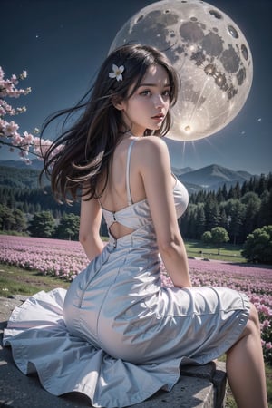 Girl, gorgeous women, wonderful face, sitting and seeing a flower valley of mountain, cherry blossom near the girl, back pose ,translucent dress, revealing dress, Twilight, cosmic skay,auras , moon, dark mode,windy,flowy dress, the images should be very detailed, flawless beautiful pictures, flawless background, realistic, hyper releastic, masterpiece:1.2, High quality:1.2,High detailed 