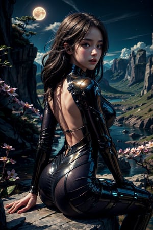 Girl, gorgeous women, wonderful face, sitting and seeing a flower valley of mountain, cherry blossom near the girl, back pose ,translucent Sci-fi dress, revealing dress, Twilight, cosmic skay,auras , moon, dark mode,windy,flowy dress, the images should be very detailed, flawless beautiful pictures, flawless background, realistic, hyper releastic, (closeup shot:1.1),masterpiece:1.2, High quality:1.2,High detailed,(Sci-fi environment:1.2)