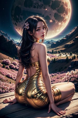 Girl, gorgeous women, wonderful face, sitting and seeing a flower valley of mountain, cherry blossom near the girl, back pose ,translucent dress, revealing dress, Twilight, cosmic skay,auras , moon, dark mode,windy,flowy dress, the images should be very detailed, flawless beautiful pictures, flawless background, realistic, hyper releastic, masterpiece:1.2, High quality:1.2,High detailed 