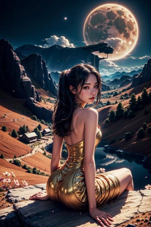 Girl, gorgeous women, wonderful face, sitting and seeing a flower valley of mountain, cherry blossom near the girl, back pose ,translucent dress, revealing dress, Twilight, cosmic skay,auras , moon, dark mode,windy,flowy dress, the images should be very detailed, flawless beautiful pictures, flawless background, realistic, hyper releastic, masterpiece:1.2, High quality:1.2,High detailed 