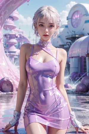 Stylish girl,cute, Pixie hair, purple, slim beauty, cute navel, ((shiny white latex dress)), ((sloppy pink liquid)),(colorful gelly), ((background of synthetic sloppy liquid world)), silicon world, cinematic, realistic, realism, Ultra Realistic,HDR, Potrait, image from artstation.,liquid clothes