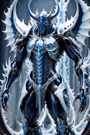 A biotech blue ice cyborg devil covered in detailed intricate mystic ice tech armor, splash art, fractal art, colorful, a winner photo award, detailed photo, Arnold render, 16K,cyborg style,biopunk style