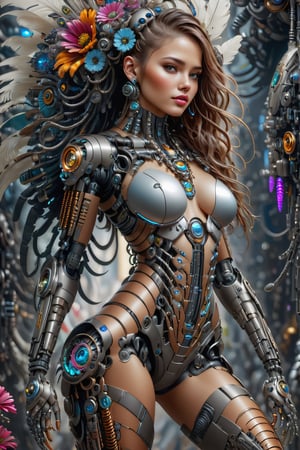 (masterpiece, top quality, best quality, official art, beautiful and aesthetic:1.2), full body portrait,  (1girl), cute adorable biomechanical biopunk girl, sexy, mech suit, erotic, seductive, extremely detailed,(fractal art:1.1),bioluminescent (colorful:1.1)(flowers:1.3),highest detailed,(zentangle:1.2), (dynamic pose), (abstract background:1.3), (many colors:1.4), ,(earrings), (feathers:1.5) ,biopunk style,biopunk,cyborg style,cyborg,android