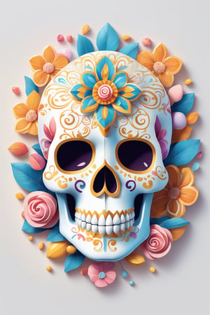 Intricate vector illustration design of a cute candy skull for t-shirt, 3-6-9 pattern. Elegant, sophisticated, ornate details, muted color scheme, subtle gradients. Art and mathematics fusion, hyper detailed, trending at artstation, sharp focus, studio photography, intricate detail, highly detailed, centered, perfect symmetrical, bright color, solid white background, made with adobe illustrator, in the style of Studio Gibli, 3d style, nature