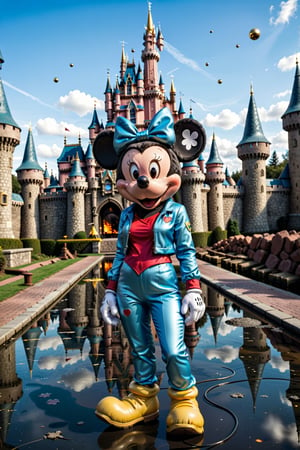 1girl (dynamic angle, highest detailed) woman ((wearing mickey ears)) in apocalyptic wasteland disneyland in daylight, bokeh, light passing through hair ((wearing neon blue vaultsuit)) (messy hair)   in disney with mickey ears  xs-wasteland-style   (((1 disney castle behind with nuke))) (((mickey mouse plushie in floor))) (((disney behind burning)))