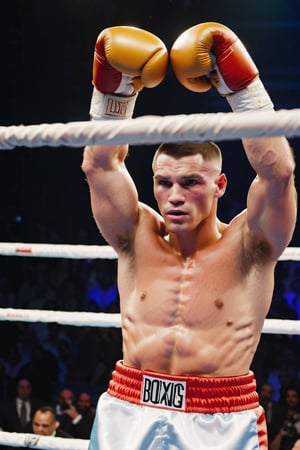 Describe the scene of a victorious moment in a boxing ring. A man in his early 30s, with a clean-shaven face and piercing blue eyes, stands confidently in the center of the ring. He's a British boxer who has just emerged victorious in a fierce battle, proudly donning a white boxing robe. The scent of sweat and adrenaline fills the air as he looks down at his defeated opponent, his orange boxing gloves still raised in triumph. Capture the intensity of the moment, the emotions etched on the boxer's face, and the atmosphere of the boxing ring after a hard-fought victory,clean face, blue_eyes,realistic