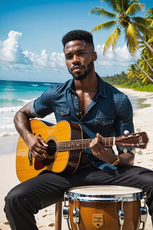 an African American music producer in a serene coastal setting. Imagine a male musician surrounded by electronic music production equipment, instruments, and gear outdoors, against the backdrop of a beach with coconut trees. Highlight the positivity radiating from the artist and emphasize his short hair and rich, dark skin tone. Encourage the portrayal of a scene where this talented African American musician is deeply engaged in the creative process, expressing his love for music within the beauty of the natural surroundings.






Craft a stable diffusion prompt centered around an African American music producer in a serene coastal setting. Imagine a male musician surrounded by electronic music production equipment, instruments, and gear outdoors, against the backdrop of a beach with coconut trees. Highlight the positivity radiating from the artist and emphasize his short hair and rich, dark skin tone. Encourage the portrayal of a scene where this talented African American musician is deeply engaged in the creative process, expressing his love for music within the beauty of the natural surroundings