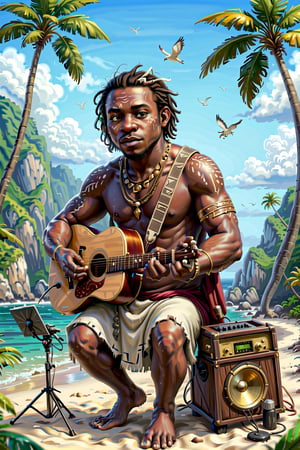 Craft a stable diffusion prompt centered around an African American music producer in a serene coastal setting. Imagine a male musician surrounded by electronic music production equipment, instruments, and gear outdoors, against the backdrop of a beach with coconut trees. Highlight the positivity radiating from the artist and emphasize his short hair and rich, dark skin tone. Encourage the portrayal of a scene where this talented African American musician is deeply engaged in the creative process, expressing his love for music within the beauty of the natural surroundings.






Craft a stable diffusion prompt centered around an African American music producer in a serene coastal setting. Imagine a male musician surrounded by electronic music production equipment, instruments, and gear outdoors, against the backdrop of a beach with coconut trees. Highlight the positivity radiating from the artist and emphasize his short hair and rich, dark skin tone. Encourage the portrayal of a scene where this talented African American musician is deeply engaged in the creative process, expressing his love for music within the beauty of the natural surroundings