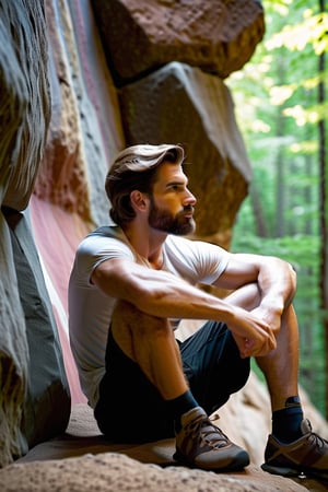 Describe the serene concentration of a 30-something British man, a seasoned white rock climber, as he sits cross-legged before a challenging bouldering wall. Dressed in rock climbing shoes, a crisp white T-shirt, and black shorts, he exudes a calm determination. With focused eyes, he gazes up at the intricate features of the bouldering wall, contemplating his next ascent. Explore the thoughts and emotions that dance within his mind, capturing the essence of the quiet intensity that surrounds this moment of preparation for the upcoming climb,Movie Still,Stylish