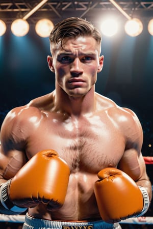 Describe the scene of a victorious moment in a boxing ring. A man in his early 30s, with a clean-shaven face and piercing blue eyes, stands confidently in the center of the ring. He's a British boxer who has just emerged victorious in a fierce battle, proudly donning a white boxing robe. The scent of sweat and adrenaline fills the air as he looks down at his defeated opponent, his orange boxing gloves still raised in triumph. Capture the intensity of the moment, the emotions etched on the boxer's face, and the atmosphere of the boxing ring after a hard-fought victory,clean face, blue_eyes,realistic