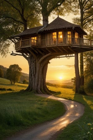 valley, fairytale treehouse village covered, , matte painting, highly detailed, dynamic lighting, cinematic, realism, realistic, photo real, sunset, detailed, high contrast, denoised, centered, michael whelan