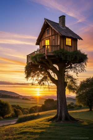 valley, fairytale treehouse village covered, , matte painting, highly detailed, dynamic lighting, cinematic, realism, realistic, photo real, sunset, detailed, high contrast, denoised, centered, michael whelan