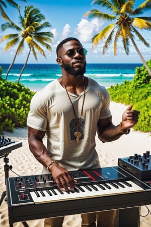 an African American music producer in a serene coastal setting. Imagine a male musician surrounded by electronic music production equipment, instruments, and gear outdoors, against the backdrop of a beach with coconut trees. Highlight the positivity radiating from the artist and emphasize his short hair and rich, dark skin tone. Encourage the portrayal of a scene where this talented African American musician is deeply engaged in the creative process, expressing his love for music within the beauty of the natural surroundings.






Craft a stable diffusion prompt centered around an African American music producer in a serene coastal setting. Imagine a male musician surrounded by electronic music production equipment, instruments, and gear outdoors, against the backdrop of a beach with coconut trees. Highlight the positivity radiating from the artist and emphasize his short hair and rich, dark skin tone. Encourage the portrayal of a scene where this talented African American musician is deeply engaged in the creative process, expressing his love for music within the beauty of the natural surroundings