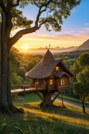 valley, fairytale treehouse village covered, , matte painting, highly detailed, dynamic lighting, cinematic, realism, realistic, photo real, sunset, detailed, high contrast, denoised, centered, michael whelan