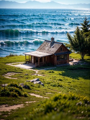 light house, by the sea, rock,wood house,grass,  (masterpiece),((ultra-detailed)), (highly detailed CG illustration),(expressionless), (best quality:1.2), High quality texture, intricate details, detailed texture, High quality shadow, Cinematic Light, Depth of field, light source contrast, perspective,20s, (ulzzang-6500-v1.1:0.5), , ,