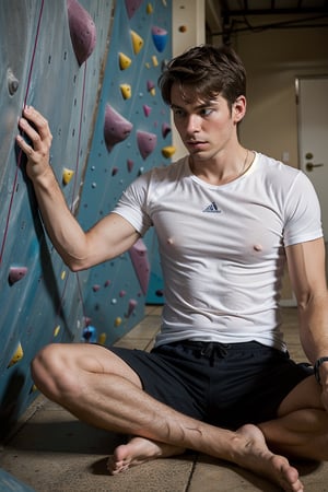 Describe the serene concentration of a 30-something British man, a seasoned white rock climber, as he sits cross-legged before a challenging bouldering wall. Dressed in rock climbing shoes, a crisp white T-shirt, and black shorts, he exudes a calm determination. With focused eyes, he gazes up at the intricate features of the bouldering wall, contemplating his next ascent. Explore the thoughts and emotions that dance within his mind, capturing the essence of the quiet intensity that surrounds this moment of preparation for the upcoming climb,Movie Still,Stylish,clean face, blue_eyes,realistic