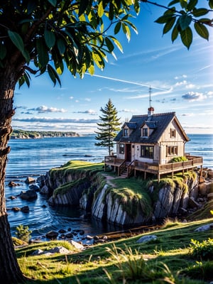 light house, by the sea, rock,wood house,grass,  (masterpiece),((ultra-detailed)), (highly detailed CG illustration),(expressionless), (best quality:1.2), High quality texture, intricate details, detailed texture, High quality shadow, Cinematic Light, Depth of field, light source contrast, perspective,20s, (ulzzang-6500-v1.1:0.5), , ,
