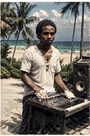 Craft a stable diffusion prompt centered around an African American music producer in a serene coastal setting. Imagine a male musician surrounded by electronic music production equipment, instruments, and gear outdoors, against the backdrop of a beach with coconut trees. Highlight the positivity radiating from the artist and emphasize his short hair and rich, dark skin tone. Encourage the portrayal of a scene where this talented African American musician is deeply engaged in the creative process, expressing his love for music within the beauty of the natural surroundings.






Craft a stable diffusion prompt centered around an African American music producer in a serene coastal setting. Imagine a male musician surrounded by electronic music production equipment, instruments, and gear outdoors, against the backdrop of a beach with coconut trees. Highlight the positivity radiating from the artist and emphasize his short hair and rich, dark skin tone. Encourage the portrayal of a scene where this talented African American musician is deeply engaged in the creative process, expressing his love for music within the beauty of the natural surroundings