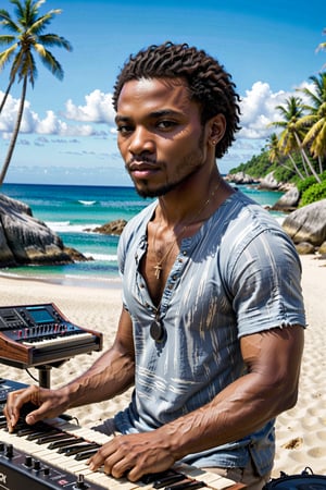 Craft a stable diffusion prompt centered around an African American music producer in a serene coastal setting. Imagine a male musician surrounded by electronic music production equipment, instruments, and gear outdoors, against the backdrop of a beach with coconut trees. Highlight the positivity radiating from the artist and emphasize his short hair and rich, dark skin tone. Encourage the portrayal of a scene where this talented African American musician is deeply engaged in the creative process, expressing his love for music within the beauty of the natural surroundings.






Craft a stable diffusion prompt centered around an African American music producer in a serene coastal setting. Imagine a male musician surrounded by electronic music production equipment, instruments, and gear outdoors, against the backdrop of a beach with coconut trees. Highlight the positivity radiating from the artist and emphasize his short hair and rich, dark skin tone. Encourage the portrayal of a scene where this talented African American musician is deeply engaged in the creative process, expressing his love for music within the beauty of the natural surroundings