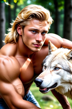 (Photorealistic), (portrait of Blake), (handsome blonde man), (muscular physique), (assertive yet kind expression), (falling in love), (white wolf princess), (emotional connection), (learning and growth), (dominance to empathy transition), (little brothers' sacrifice), (updating from hierarchy to wolf pack equality), (true king), (better world), (emotional atmosphere), (soft natural lighting), (detailed facial features), (emotionally resonant scene), (storytelling composition)