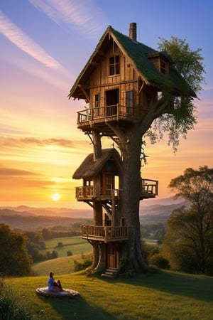 valley, fairytale treehouse village covered, , matte painting, highly detailed, dynamic lighting, cinematic, realism, realistic, photo real, sunset, detailed, high contrast, denoised, centered, michael whelan