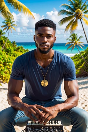 an African American music producer in a serene coastal setting. Imagine a male musician surrounded by electronic music production equipment, instruments, and gear outdoors, against the backdrop of a beach with coconut trees. Highlight the positivity radiating from the artist and emphasize his short hair and rich, dark skin tone. Encourage the portrayal of a scene where this talented African American musician is deeply engaged in the creative process, expressing his love for music within the beauty of the natural surroundings.






Craft a stable diffusion prompt centered around an African American music producer in a serene coastal setting. Imagine a male musician surrounded by electronic music production equipment, instruments, and gear outdoors, against the backdrop of a beach with coconut trees. Highlight the positivity radiating from the artist and emphasize his short hair and rich, dark skin tone. Encourage the portrayal of a scene where this talented African American musician is deeply engaged in the creative process, expressing his love for music within the beauty of the natural surroundings