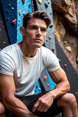 Describe the serene concentration of a 30-something British man, a seasoned white rock climber, as he sits cross-legged before a challenging bouldering wall. Dressed in rock climbing shoes, a crisp white T-shirt, and black shorts, he exudes a calm determination. With focused eyes, he gazes up at the intricate features of the bouldering wall, contemplating his next ascent. Explore the thoughts and emotions that dance within his mind, capturing the essence of the quiet intensity that surrounds this moment of preparation for the upcoming climb,Movie Still,Stylish,clean face, blue_eyes,