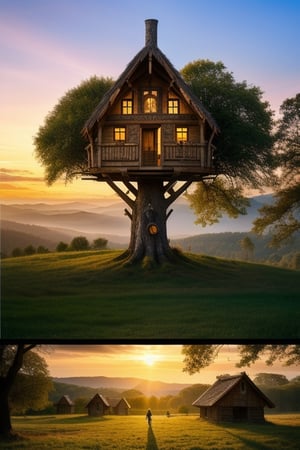 valley, fairytale treehouse village covered, , matte painting, highly detailed, dynamic lighting, cinematic, realism, realistic, photo real, sunset, detailed, high contrast, denoised, centered, michael whelan