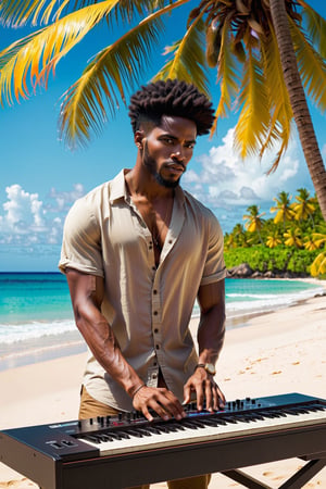 an African American music producer in a serene coastal setting. Imagine a male musician surrounded by electronic music production equipment, instruments, and gear outdoors, against the backdrop of a beach with coconut trees. Highlight the positivity radiating from the artist and emphasize his short hair and rich, dark skin tone. Encourage the portrayal of a scene where this talented African American musician is deeply engaged in the creative process, expressing his love for music within the beauty of the natural surroundings.






Craft a stable diffusion prompt centered around an African American music producer in a serene coastal setting. Imagine a male musician surrounded by electronic music production equipment, instruments, and gear outdoors, against the backdrop of a beach with coconut trees. Highlight the positivity radiating from the artist and emphasize his short hair and rich, dark skin tone. Encourage the portrayal of a scene where this talented African American musician is deeply engaged in the creative process, expressing his love for music within the beauty of the natural surroundings