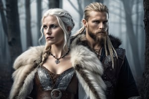 (Realistic-style portrait), (Viking king in his 30s wearing pirate-inspired attire), (Viking princess in her 20s with white hair, wearing pirate-inspired attire), (regal and commanding expressions), (intertwined hands or standing side by side), (detailed Viking pirate clothing), (rich textures and intricate details), (natural and realistic lighting), (fusion of Viking and pirate aesthetics), (royal atmosphere), (authentic character portrayal), (epic composition), (white wolf pack in the background), (detailed fur textures), (forest landscape with moonlight), (highly detailed artwork), (historical and fantasy fusion),photo r3al