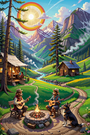 Generates an image described below： A serene, sun-drenched valley nestled amidst rolling hills. A semicircle of vibrant RVs and trailers, their roofs adorned with gleaming solar panels and gentle wind turbines, forms a cozy community. In the heart of the semicircle, a crackling campfire casts warm hues on laughter-filled faces.

Foreground:

Villagers of all ages gather around the campfire, their voices blending in joyful conversation. Musicians strum guitars and tap on drums, their melodies weaving through the air. Children twirl and dance, their laughter echoing like wind chimes.
A communal table laden with fresh-baked bread, colorful fruits, and steaming mugs of tea invites sharing and laughter. A playful dog bounds between the legs of villagers, tail wagging like a metronome.
Smoke from the campfire dances upwards, carrying the scent of pine and roasted marshmallows. The air is alive with the chirping of crickets and the rustling of leaves.
Background:

Sunlight bathes the RVs and trailers in warm gold, reflecting off their polished surfaces. Clotheslines strung between them flutter with brightly colored garments.
In the distance, a rustic garden flourishes with vegetables and herbs, tended to by villagers with sun-kissed faces. Wind turbines gently spin atop a nearby hill, their blades whispering in the breeze.
A meandering stream glistens like a ribbon in the sunlight, its banks dotted with wildflowers and buzzing with bees.
Mood:

Peaceful, joyful, and harmonious. A sense of community and self-sufficiency radiates from the scene.
Capture the vibrant colors of the RVs, the warm glow of the campfire, and the carefree expressions on the villagers' faces.
Let the music and laughter dance through the image, creating a sense of movement and life.