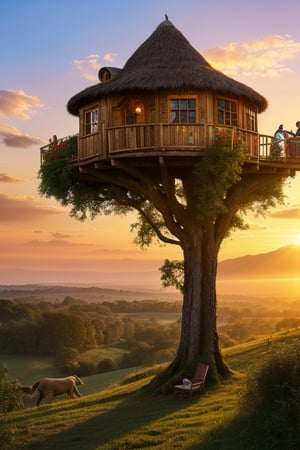 valley, fairytale treehouse village covered, , matte painting, highly detailed, dynamic lighting, cinematic, realism, realistic, photo real, sunset, detailed, high contrast, denoised, centered, michael whelan